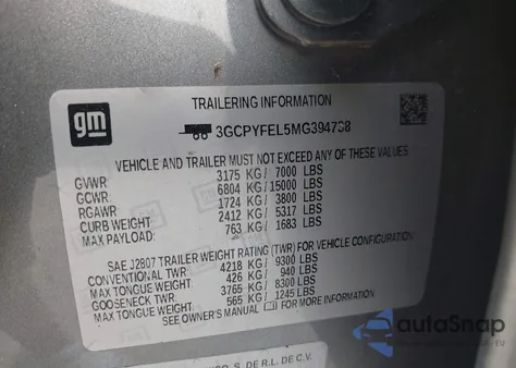 2021 Chevrolet Silverado 1500 4Wd Short Bed Lt Trail Boss из США, поврежденный, VIN 3GCPYFEL5MG394738